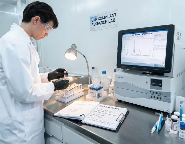 Lab scientist preparing GC-MS samples with calibration log